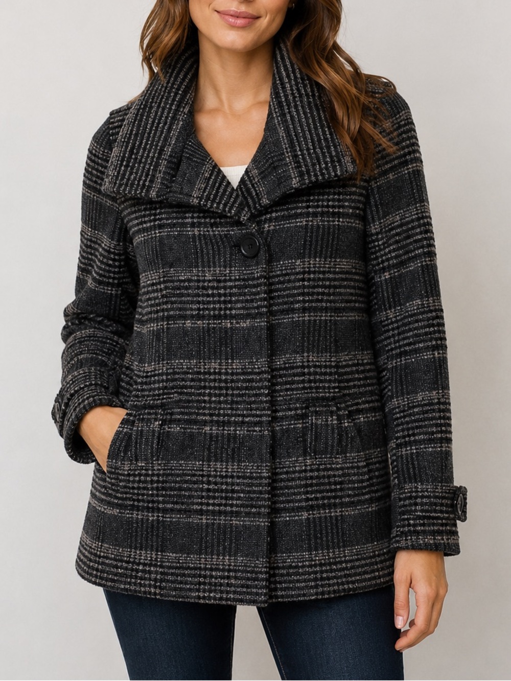 BKE Buckle Women's Black Gray Plaid Wool Blend Peacoat Jacket Small $140